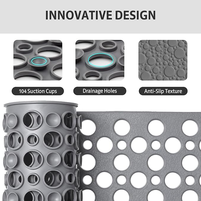 XIYUNTE Bath Mat for Tub Non Slip Shower Mat -28" x 15" Soft TPE Bathtub Mat Non Slip Shower Mats for Inside Shower, Anti Slip Shower Floor Mat with Suction Cups, Quick-Drying Bath Tub Mat, Grey