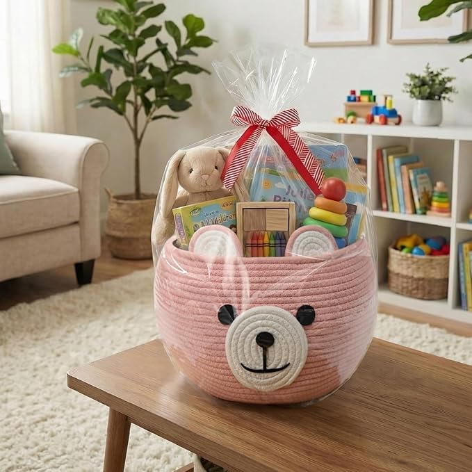 CherryNow Baby Basket for Nursery, Baby Shower Gifts for Girls, Cute Storage Basket for Home Decor, Animal Baskets for Kids Toys Organizer, Pink, 10.5"D x 8.5"H