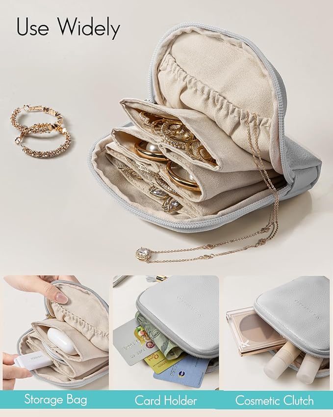 Vlando Small Travel Jewelry Case,Jewelry Pouch Bags with Zipper,Velvet Jewelry Organizer Storage Bag for Bracelet Rings Earring Travel Essentials-Grey
