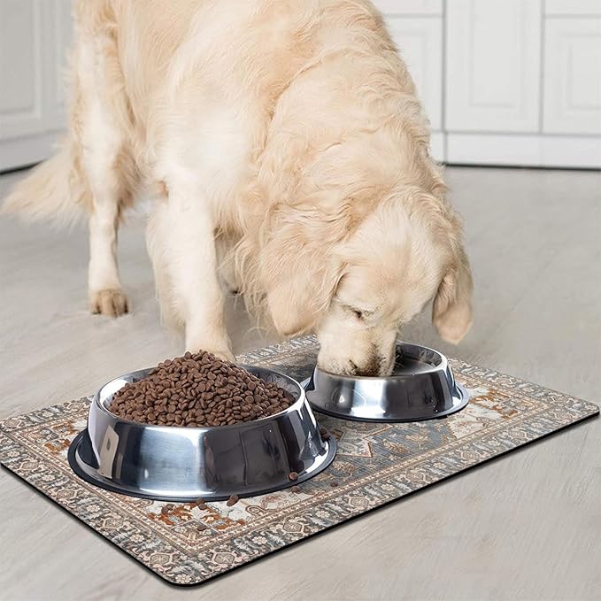 Dog Food Mats for Floors, Absorbent and Quick-Drying Pet Cat Food Mat,Anti-Fouling and Easy-to-Clean Pet Feeding Mat,Dog Bowl Mat for Messy Drinking Water Bowls.16 x24, Bohemia Style
