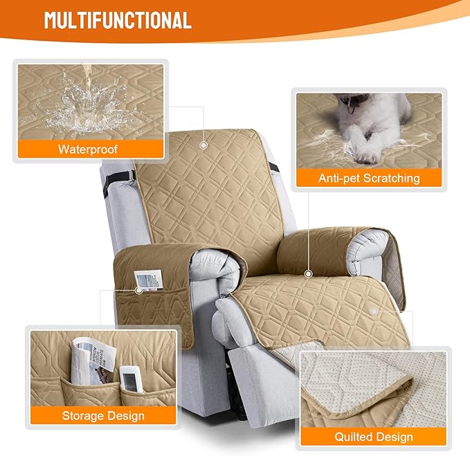 VANSOFY 100% Waterproof Recliner Chair Covers, Recliner Cover Non-Slip Dog Chair Cover Furniture Protector Washable Slipcover with Pocket, Elastic Straps for Pets, Dogs(Sand, 30")