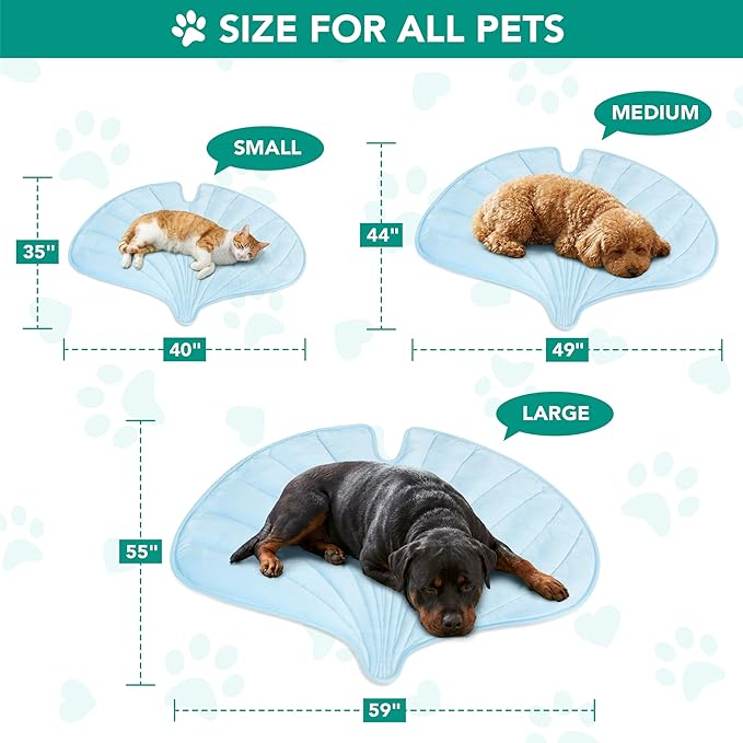 PetAmi Dog Cooling Mat, Ginkgo Leaf Shape, Reversible Cooling Nylon Blanket Soft Fleece Pet Pad for Dogs Cats, Summer All Season Use Q-Max>0.3, Small 35x40 in, Light Blue