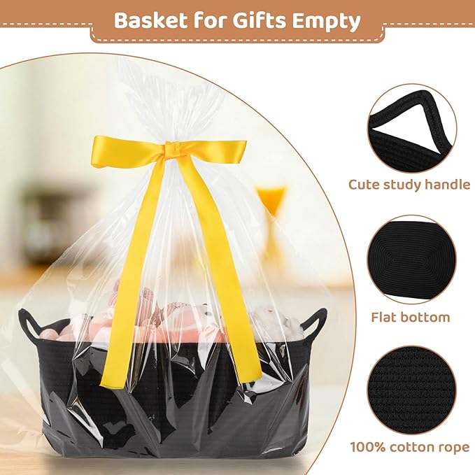 Large Empty Gift Baskets for Baby Shower, 16.5"L x 12.6"W x 7"H Cute Woven Storage Basket with Gift Bags and Ribbons, Small Rope Toy Basket with Handles, Cat Dog Pet Toy Organizer - Black