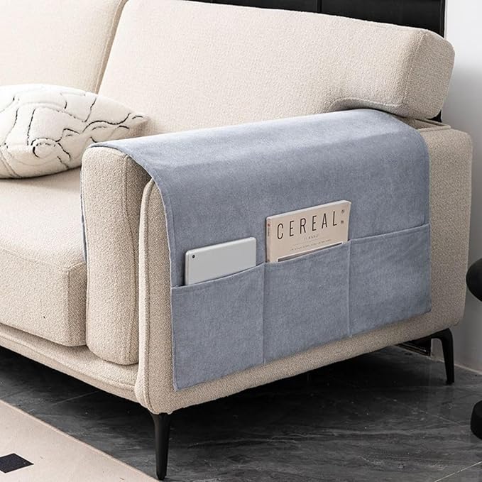 Recliner Chenier Armrest Covers for Living Room Anti-Slip Sofa Arm Protector for Dogs, Cats, Pets Armchair Slipcover for Couch with 3 Pockets for TV Remote Control, Phone, Set of 2 (Ice Blue)