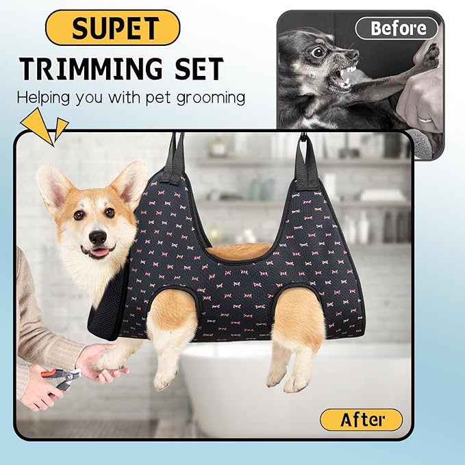 Supet Dog Grooming Hammock Harness for Dogs Cats, Restraint Dog & Small Animal Leashes Sling for Groomingk for Nail Trimming (Black Currant, S)