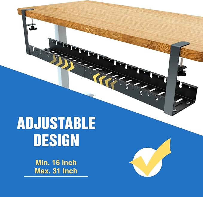 No Drilling Extendable Under Desk Cable Management, Metal Cable Management Tray Under Desk with Clamp, Retractable Power Strip Cord Holder for Wire Management 31Inch (1 Pack Black or white random 31')