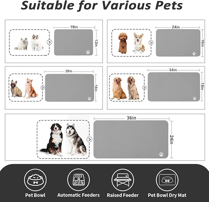 Dog Food Mat - Absorbent Cat Mat for Food and Water, No Stains Pet Feeding Bowl Mat, Easy to Clean Pet Placemats, Quick Dry Dog Water Dispenser Mat for Messy Drinkers | Paw Grey 12"x 19"
