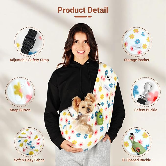 Hands-Free Cat Sling Carrier, Ultra-Soft Polar Fleece Pet Sling for Small Dogs & Cats 3-14 lbs, Machine Washable for Indoor Snuggling & Outdoor Use (Medium, Daisy)