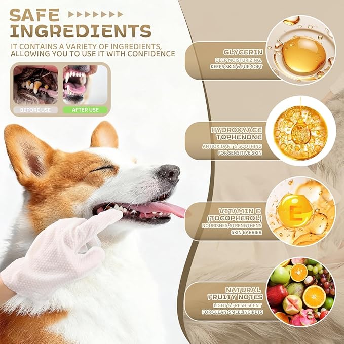 Nourishing & Deodorizing Pet Glove Wipes for Dogs & Cats, 4-in-1 Grooming Wipes (Clean, Comb, Massage, Nourish), 7 Plant Extracts, Extra Thick, Hypoallergenic, Lick-Safe, Fruity Note, 6PCS