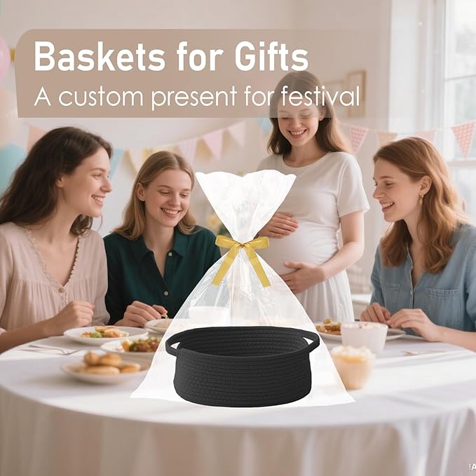 JMvicyroam Woven Basket,Small Rope Storage Bin with Handles & Ribbon Bag, Organizer for Shelves Closets,Gift Basket Empty for Birthday,Books,Dog Toys, Black/3 Pack