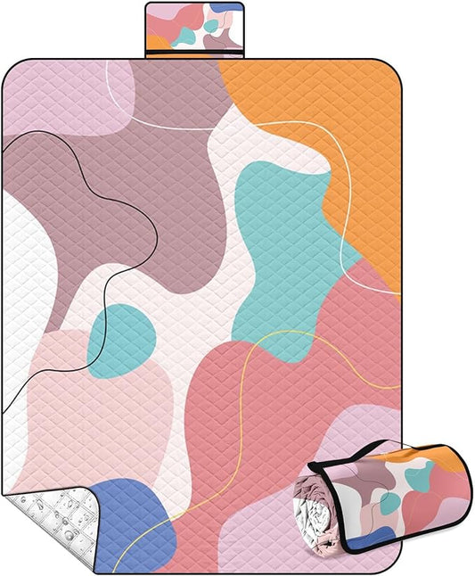 Waterproof Picnic Outdoor Blanket, 79" x 59" Sandproof Foldable Large Picnic Blanket for Beach, Camping, Park, Travel, Concert, Great Gift for Families and Couples (Pink Geometry)