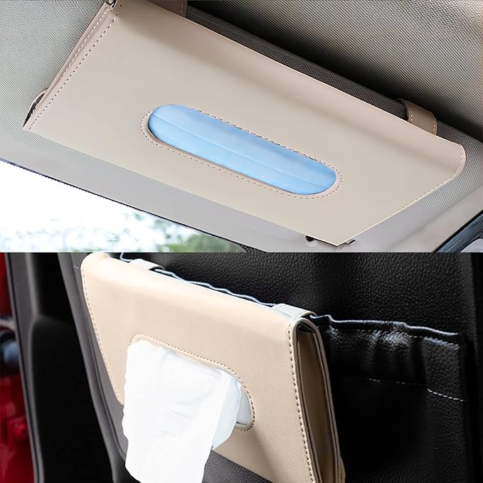 Car Tissue Holder, 2 Pack Sun Visor Napkin Holder, Premium PU Leather, Car Mask Holder for Sun Visor Vehicle, with Tissue Refill, Black&Beige