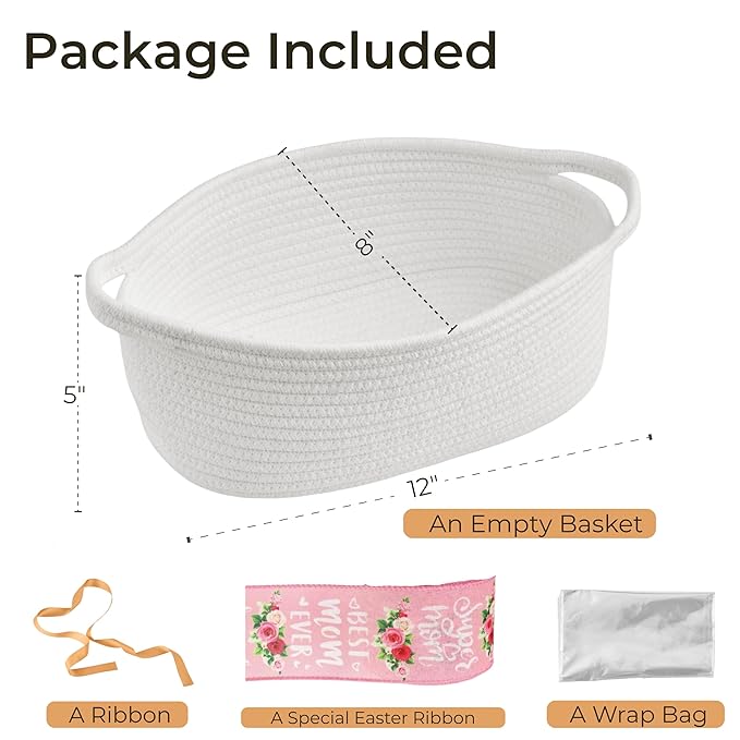 Small Woven Gift Basket Empty with Bag & Ribbon - Gifts for Mom, Baby Shower, Birthdays & Raffle - Cotton Rope Storage Basket for Dog Toys or Shelf - 12"x8"x5", White/Pink Ribbon
