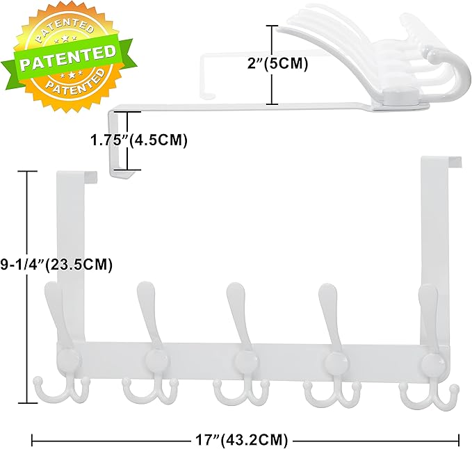 Dseap Over The Door Hook Hanger - Fits 1 3/8" to 1 3/4" Standard Doors | 5 Tri Hooks Heavy Duty Towel/Coat Rack | Door Organizer for Clothes, Jackets, Hats, Towels, Blue, Pack of 2