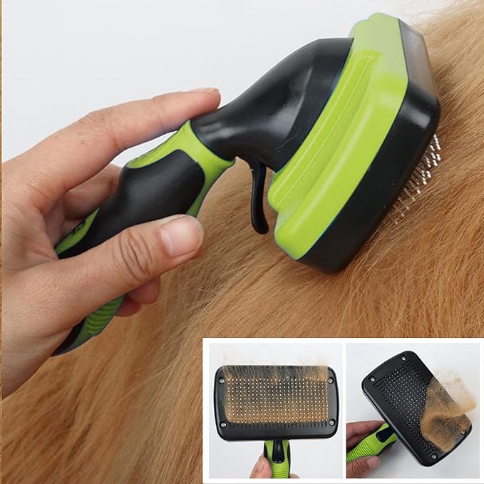 PETIMP STORE Dog Brush Kit for Grooming Short & Long Haired Dogs & Cats, 4-in-1 Pet Grooming Set with Self-Cleaning Slicker Brush, Deshedding Tool, Shampoo Bath Comb, Massge Comb (Green Black)