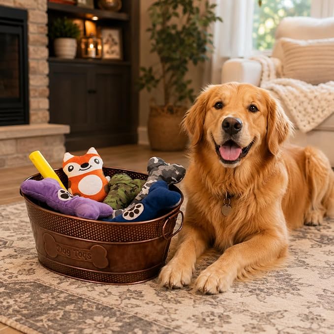 BREKX Indestructible Metal Dog Toy Bin - Copper Galvanized Storage Bin with Handles, Pet Storage Organizer - Ropes, Blankets, & Leashes, Bone Design Pet Toy Box (15-Quart)