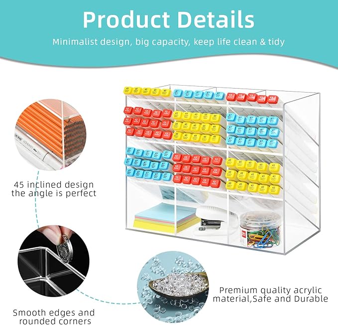 Marbrasse Clear Pen Organizer Storage, Acrylic Desk Organizer with 12 Compartments, Pen Holder for Desk, Desktop Art Organizer for Office School Art Supplies