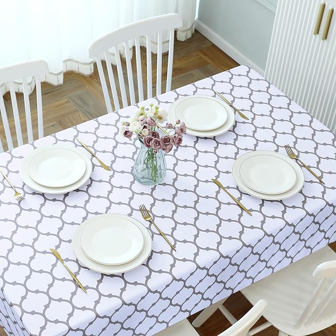 Romanstile Rectangle Plastic Tablecloth, 100% Waterproof Oil-Proof Checkered PVC Table Cloth, Heavy Duty Vinyl Table Cover for Dining, Camping, Picnic, Outdoor - 54 x 108 Inch, Moroco White