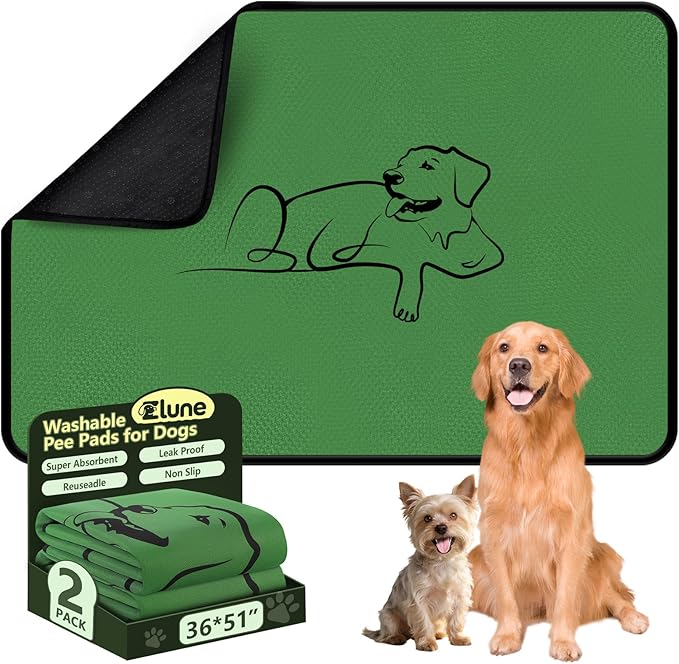 2 Pack Washable Pee Pads for Dogs 36"x51", Reusable Training Puppypads Absorbency Non-Slip & Leak-Proof for Pet Whelping Box Playpen Crate Sofa Bed Floors (Green)