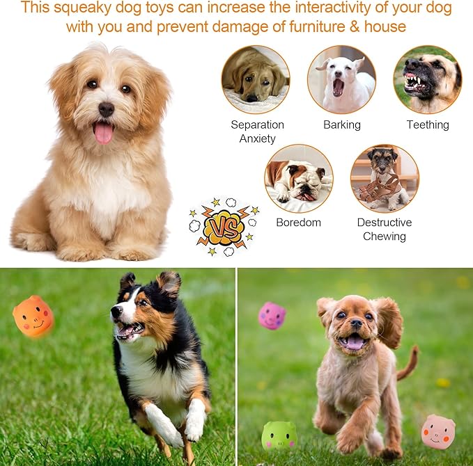 Coricorsu Squeaky Dog Toy Dog Squeaky Toys Chewing Durable Teething Latex Rubber Soft Interactive Fetch Play Dog Balls with Funny Piggy Face for Puppy Small Medium Pet Dog (6PCS)