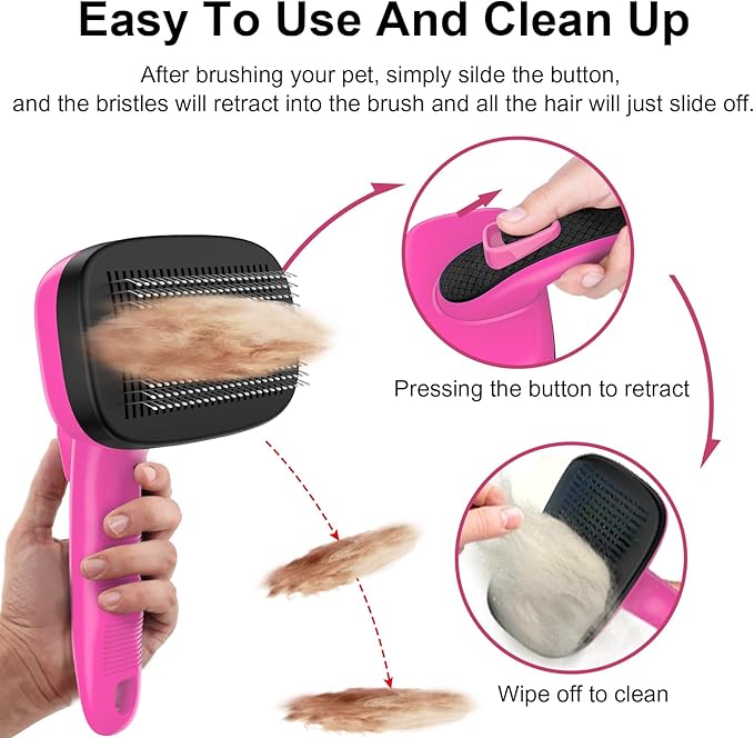 Self Cleaning Slicker Brush for Dogs and Cats - Skin Friendly Shedding & Grooming Tool for Long and Short Haired Pets,Easy Clean Retractable Bristles, Pink