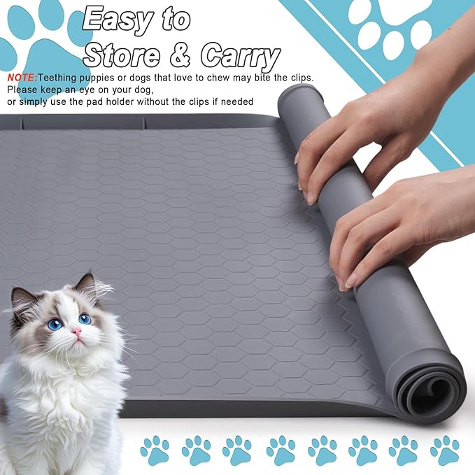 TIMOHCR Cat Litter Mat 34" X 22", Cat Litter Box Mats Waterproof Silicone Pad for Floor Pee Pad Tray Holder with Complimentary 6 Clamps