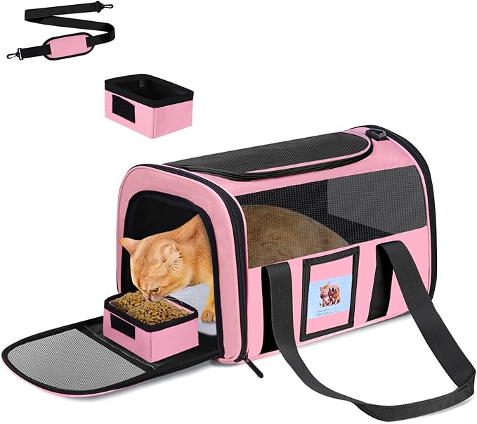 FOORLON Cat Carrier Soft for Pets Up to 25 Lbs, Cat Travel Bag with Padded Shoulder Strap and Detachable Cat Food Bowl, Pet Dog Carriers for Small Dogs Travel Puppy Carry Airline Approved, Pink