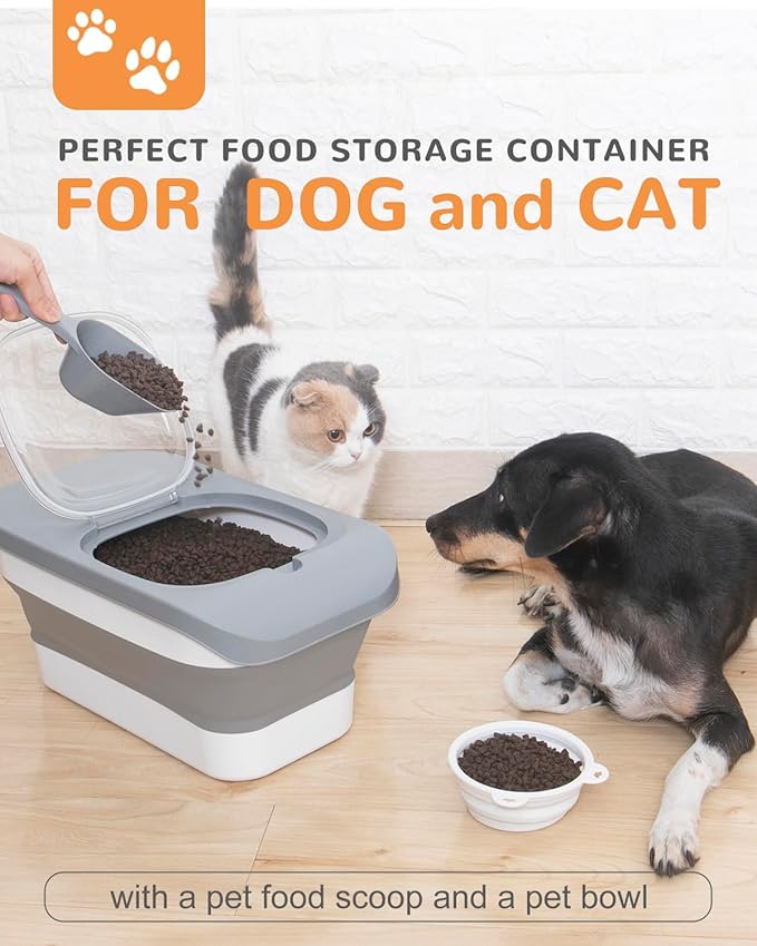 DDMOMMY 10-13 Lbs Dog Food Stroage Container, Collapsible Dog Food Containers with Airtight Lid, Pet Food Scoop and Silicone Dog Bowl, Pet Food Storage Container Dry Food for Dog, Cat and Other Pets