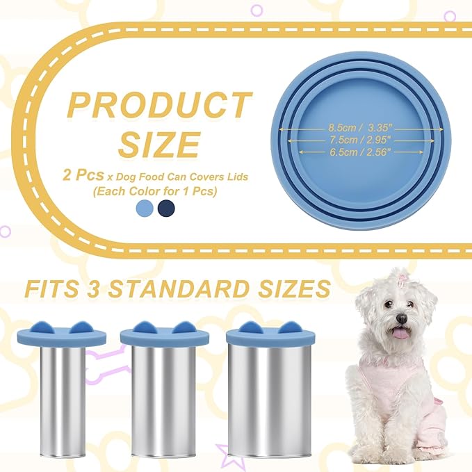 Cat Food Can Covers Lids, Dog Food Can Lids with Cute Pet Ears Shaped Silicone Toppers One Fit 3 Standard Sizes, (Dusty Blue/Navy Blue, 2Pcs),Intended for Dog/Cat/Pet Food Cans