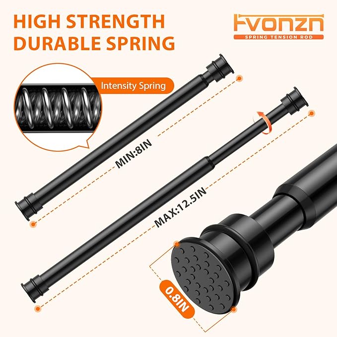 Fvonzon 6 Pack Small Tension Rods 8-12.5 Inch, Thin Tension Curtain Rod, Mini Spring Rod for Closet, Cabinet & Kitchen, Tiny Curtain Rod Tension, Short Closet Rods, Black