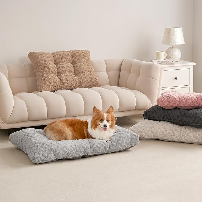 EHEYCIGA Washable Large Dog Bed for Crate 35x23 Inch, Reversible Kennel Pad for Dogs Weight Up to 45 lbs, Plush and Comfy Pet Sleeping Mat, Camel