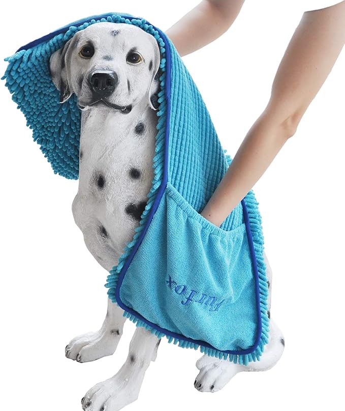 Furfox Absorbent Dog Towel, Microfiber Quick Drying Towel Machine Washable with Hand Pockets - Medium Large Dog 35 x 15'