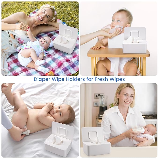 2 Pack Lijroavy Baby Wipes Dispenser, Baby Wipe Holder for Fresh Wipes, Non-Slip Baby Wipes Container, Refillable Wipes Box, Wipes Case with Sealing Design Lid (White and White)