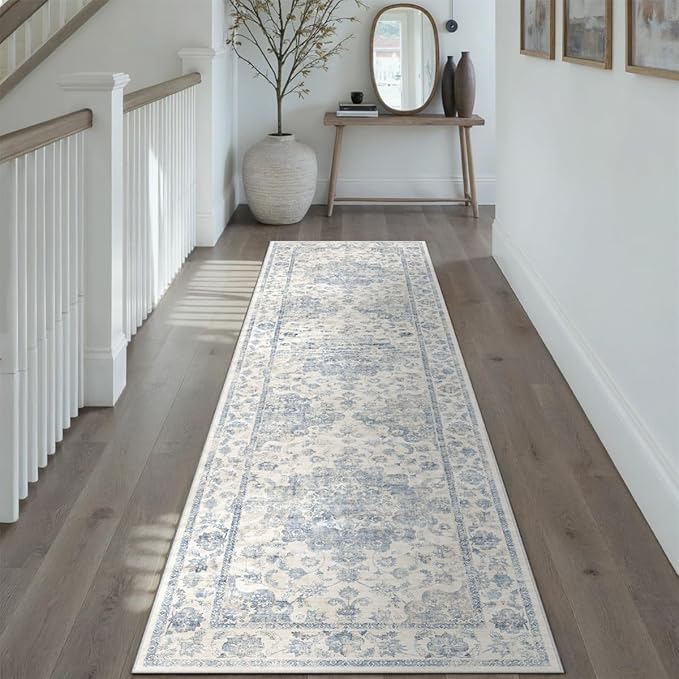 2x8 Washable Neutral Runner Rug Blue Vintage Hallway Kitchen Carpet Non-Slip Soft Low Pile Farmhouse Throw Rug for Bedroom Bathroom Laundry Living Room