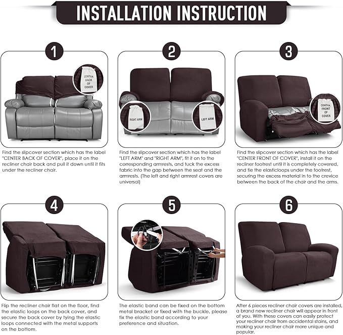 TAOCOCO Recliner Loveseat Slipcover, 6 Pieces Dual Recliner Sofa Covers for 2 Seat Dual Reclining Loveseat Couch, Stretch Soft Jacquard Pattern Furniture Protector with Elasticity (2XL, Chocolate)