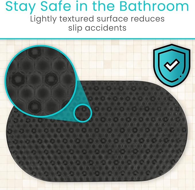 Vive Oval Bathtub Mat - Nonslip Shower Floor Pad - Non-Slip and Non-Skid for Bath Tub with Strong Rubber Suction Cup Grip - for Baby, Elderly, Kids, Bathroom (Black)