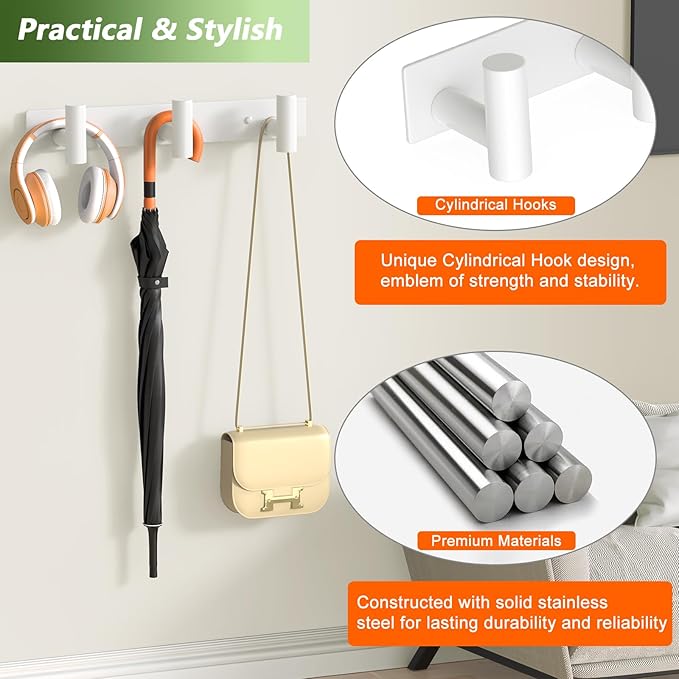 VINHOLD Wall Mounted Coat Rack-3 Hooks, Heavy Duty Stainless Steel Wall Hooks for Towel Coat Bag, Hat Rack Coat Hanger Coat Hooks Towel Racks for Bathroom Entryway Kitchen Hotel Office (White, 1 Pack)