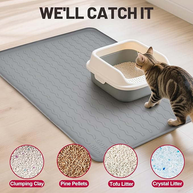 Large Silicone Cat Mat for Litter Box, 34"x22" Waterproof & Urine-Proof Pad with Litter-Trapping Waves, Non-Slip, Easy Clean & Paw-Safe (Pink)