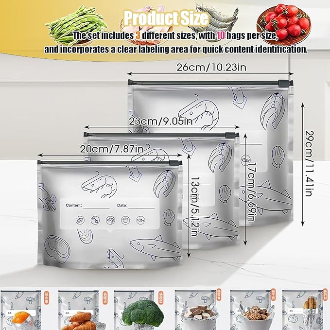 Reusable Aluminum Foil Sealable Storage Bags - Freezer Ziplock Bags - Foil Sealable Bags for Food, Vegetables, Fruit, Meat, Snacks, Bread, Seafood Preservation