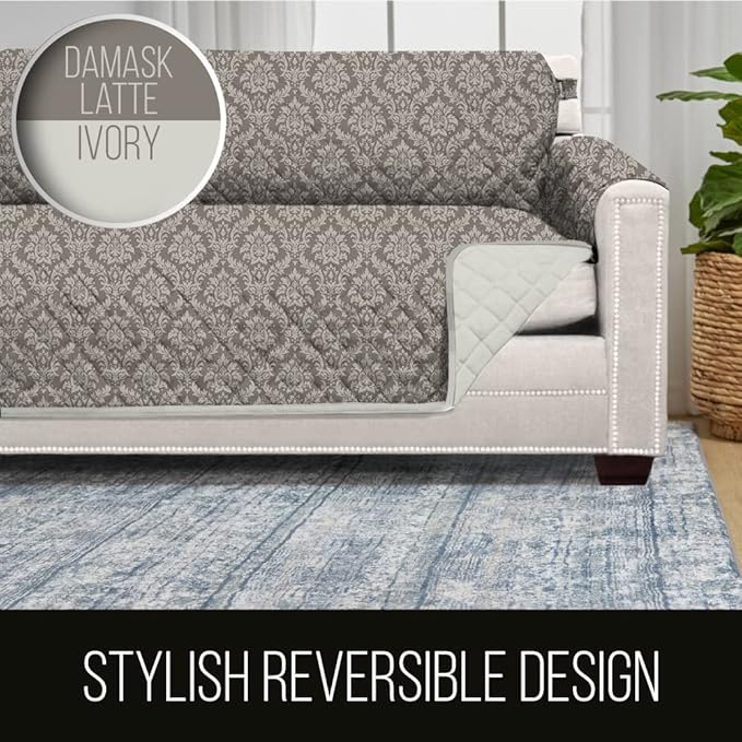 Sofa Shield Couch Slip Covers for Dogs, Reversible Furniture Protector with Strap, Stain and Tear Resistant Cushion Cover, 78 inch Seat, Machine Washable Slipcover Pets, Cats, Damask Latte Ivory
