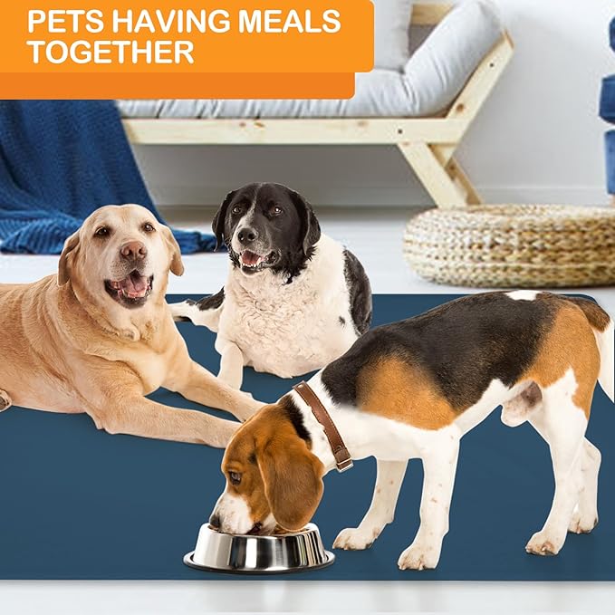 Dog Water Mat 39.4 by 29.5in Extra Large - Silicone Mat for Dog Bowls Waterproof Non Slip - XL Pet Mat for Food and Water Protect Floors - Stone Blue