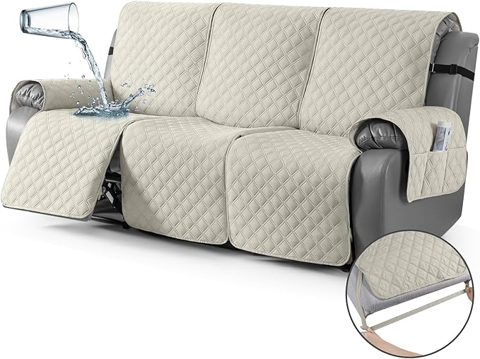 TAOCOCO 100% Waterproof Recliner Couch Covers, Recliner Sofa Covers with Leg Straps, 1-Piece Washable Reclining Sofa Cover with Pocket Couch Protector for Pets Kids(3 Seater, Ivory)