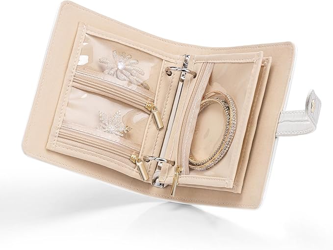 Vlando Small Jewelry Book Organizer - Leather Travel Jewelry Case with 5 Detachable Pages, Multi Zipped Pockets for Necklaces Rings, Earrings, Tangle-Free, Croco White