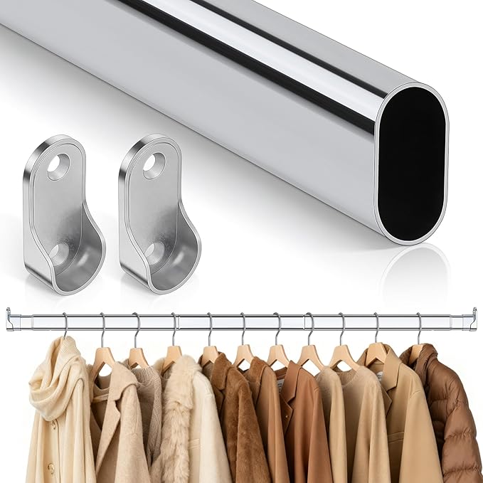 Premium Oval Closet Rod for Hanging Clothes 51"-70"- Heavy Duty, Length Adjustable, No-cut