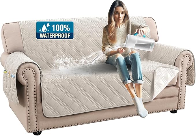 H.VERSAILTEX 100% Waterproof Couch Cover 2 Cushion Sofa Modern Sofa Covers Waterproof and Washable Thick Soft Couch Cover for Dogs with Elastic Straps (Loveseat, French Oak/Beige)