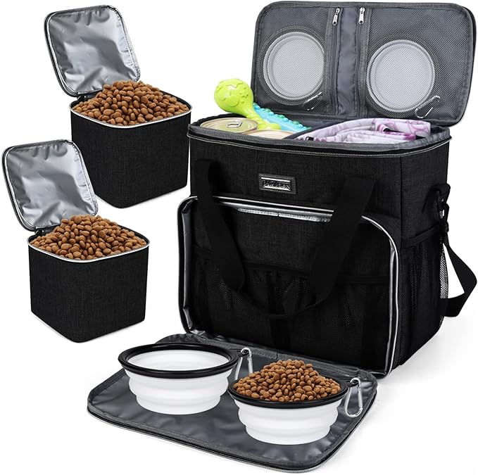 BAGLHER Dog Travel Bag, Pet Travel Bag (All Pet Travel Supplies), with 2 Pet Food Containers and 2 Collapsible Silicone Bowls; Essential Kits for Travel Black