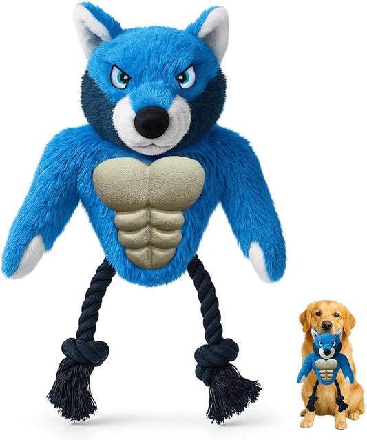 Muscle Wolf Dog Toy – Durable Plush with Rubber Chest & Rope Legs, Squeaky Tug Toy for Medium & Large Dogs, Built for Tough Play, 14.1 Inch Interactive Chew Toy