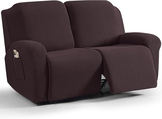 TAOCOCO Recliner Loveseat Slipcover, 6 Pieces Dual Recliner Sofa Covers for 2 Seat Dual Reclining Loveseat Couch, Stretch Soft Jacquard Pattern Furniture Protector with Elasticity (2XL, Dark Coffee)
