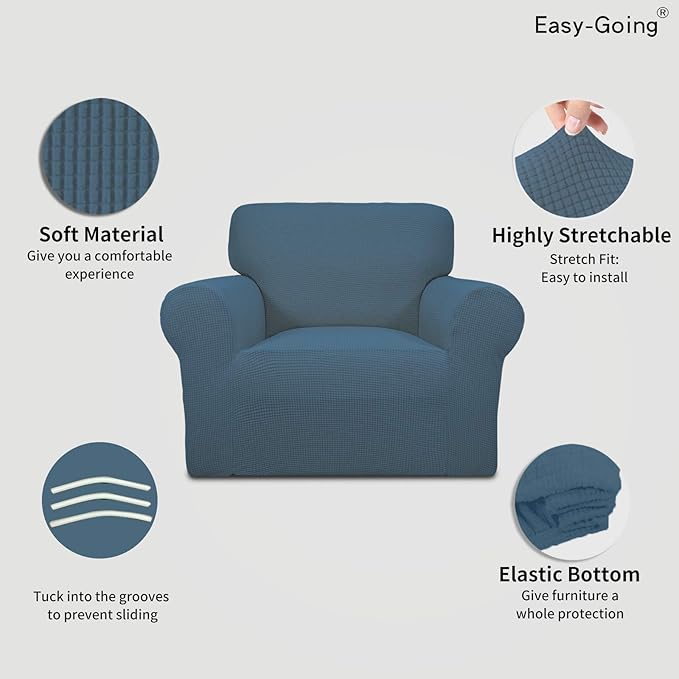 Easy-Going Stretch Chair Sofa Slipcover 1-Piece Couch Sofa Cover Furniture Protector Soft with Elastic Bottom for Kids, Pet. Spandex Jacquard Fabric Small Checks (Chair, Bluestone)