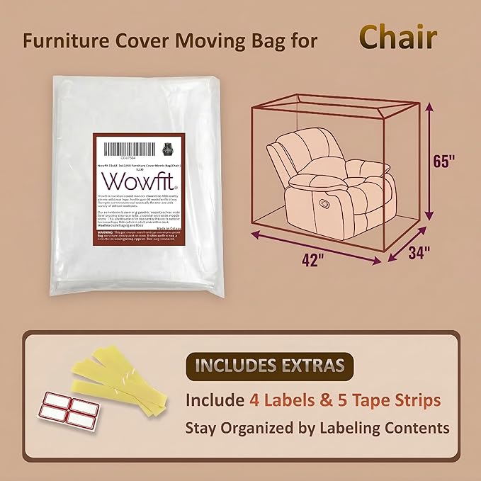 Wowfit Furniture Cover Dust-Proof Moving Bag for Chairs, Recliners & Boxes – Clear, Odorless Plastic - 4mil-Thick - 34W x 42.1D x 65/48H Inches